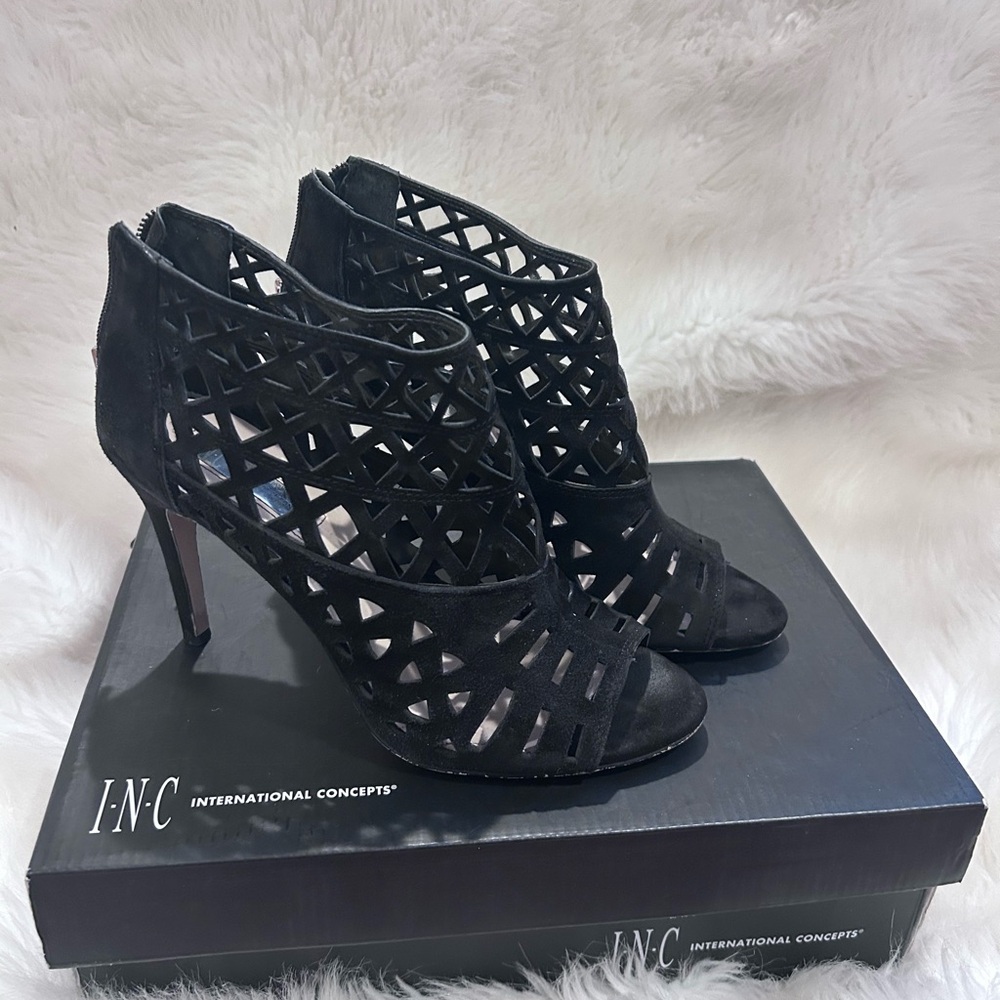 INC International Concepts black laser cut peep toe heels ankle booties